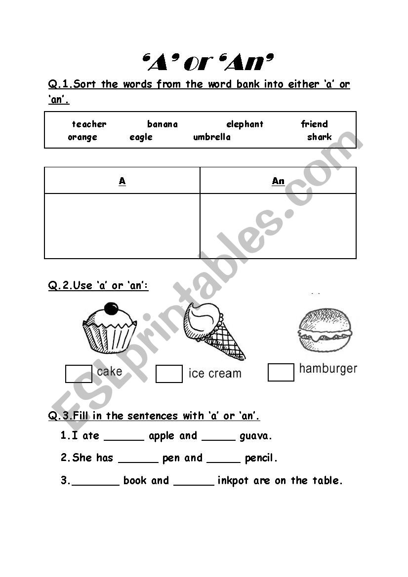 Use of a or an worksheet