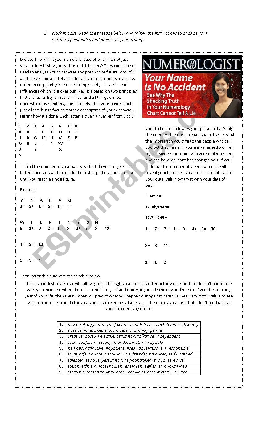 Numerology worksheet