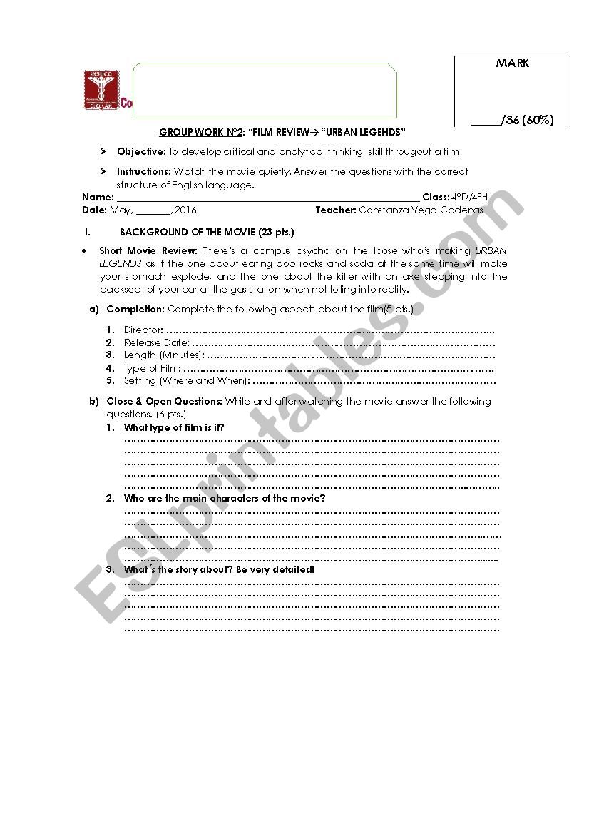 MOVIE WORKSHEET worksheet