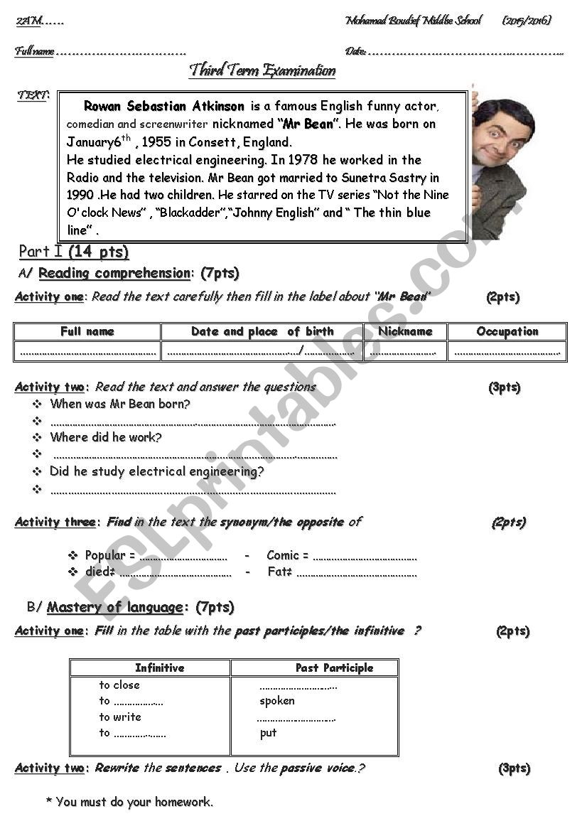 third term examination worksheet