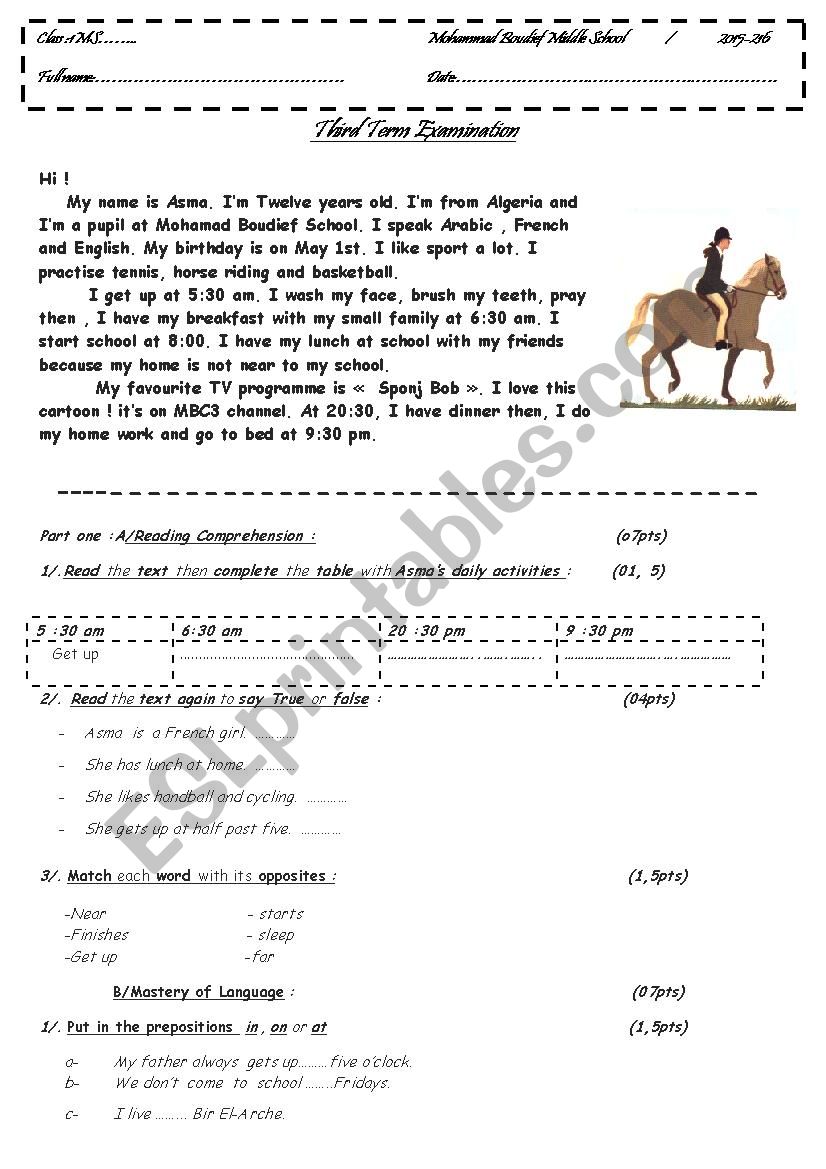 1st year third term exam worksheet