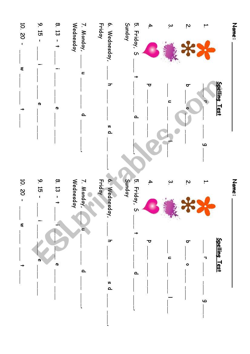 P1 Spelling Test worksheet