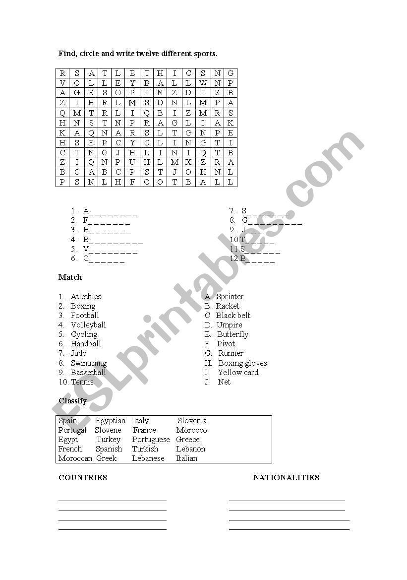 sports and nationalities worksheet