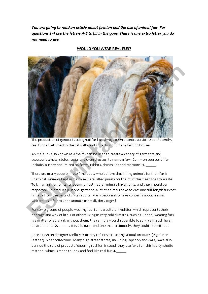 WOULD YOU WEAR REAL FUR? worksheet