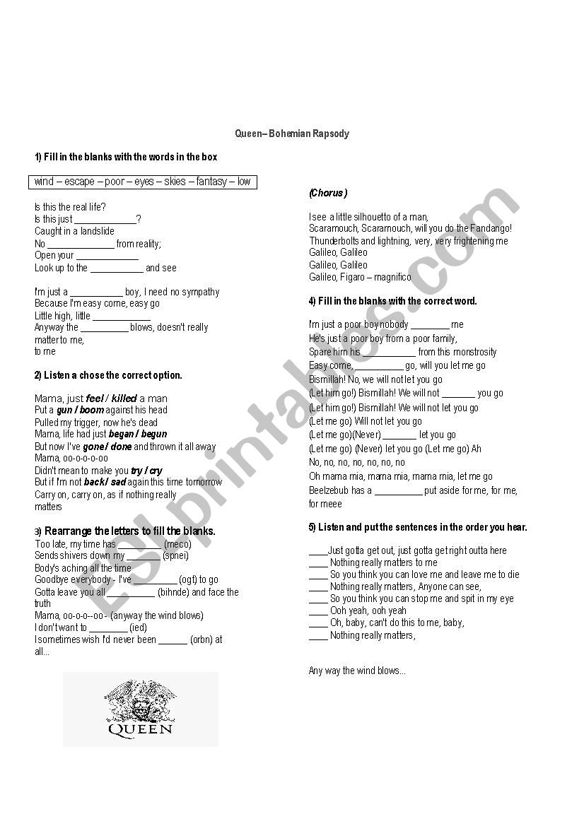 Bohemian Rapsody worksheet