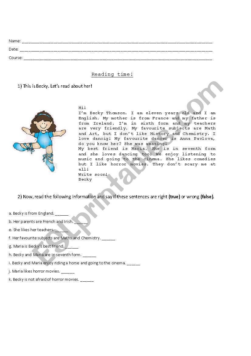 Reading comprehension worksheet