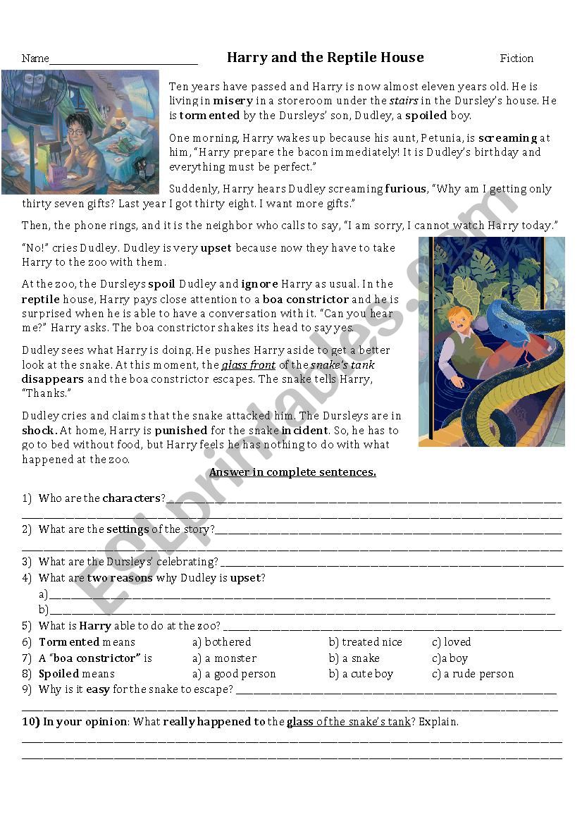 Harry and the Reptile House worksheet