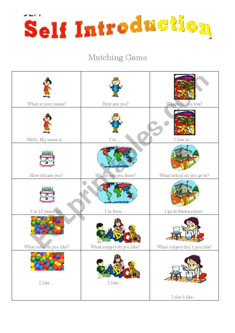 Introduction Matching Game worksheet