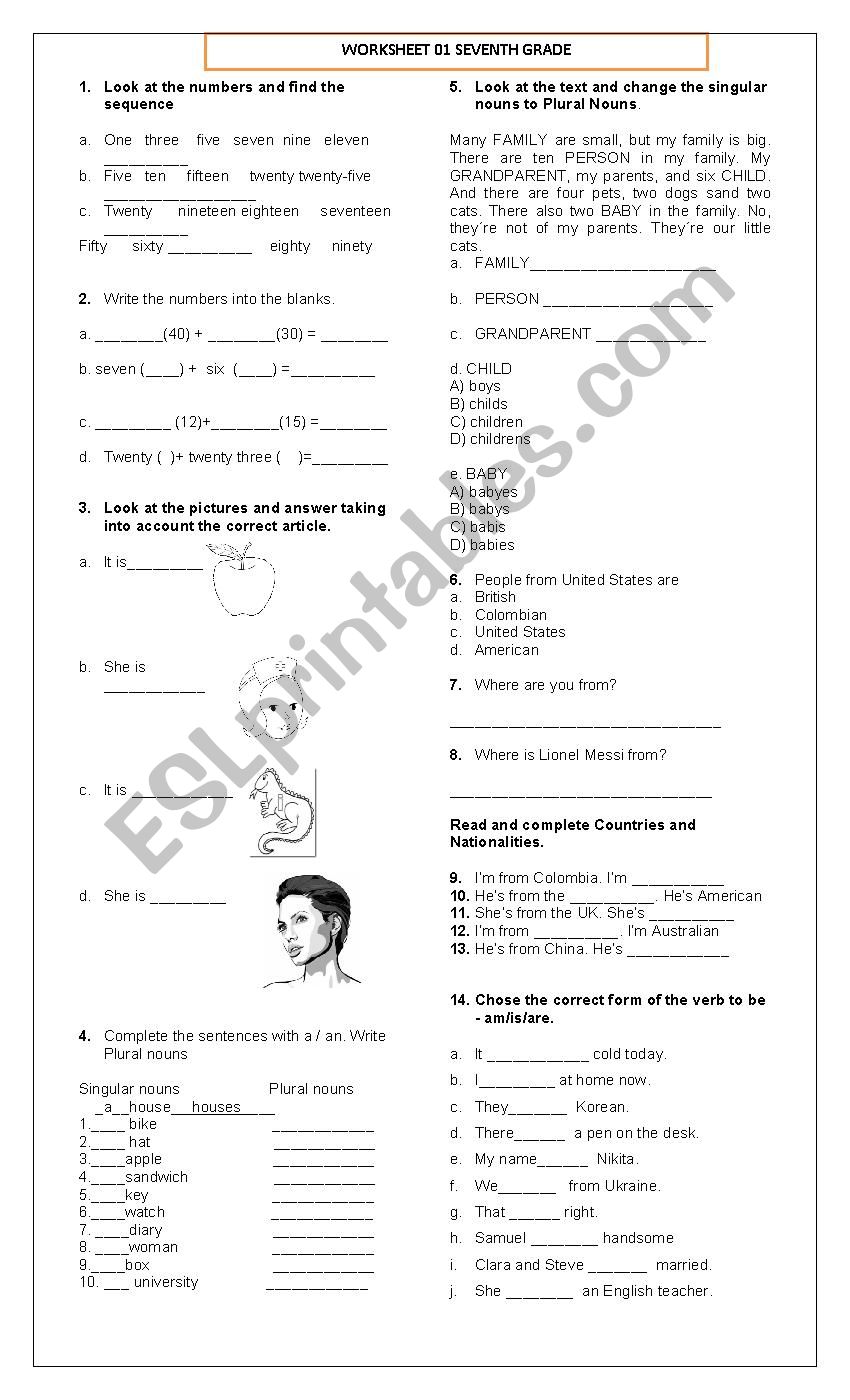 Nouns and verb to be worksheet