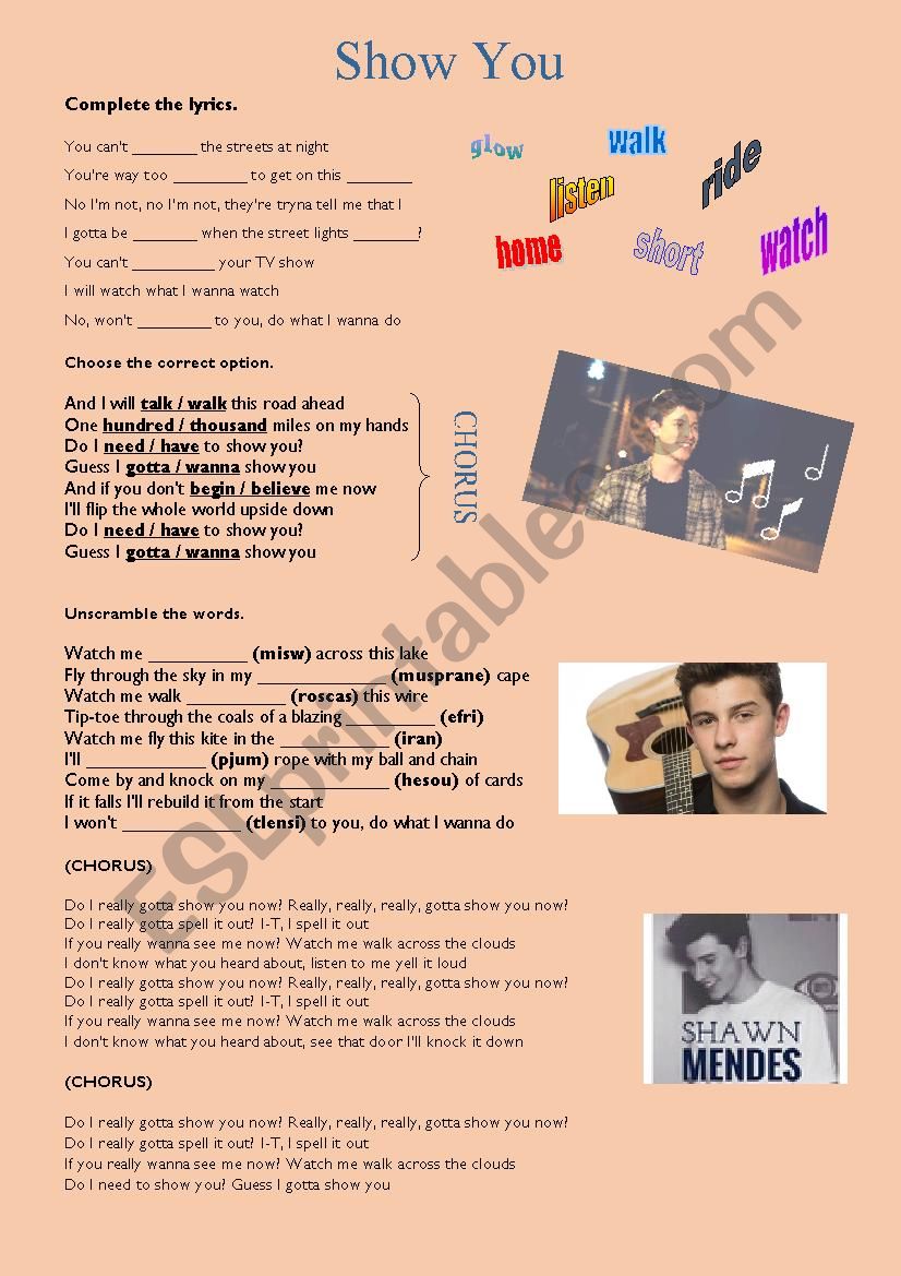 Show you - Shawn Mendes worksheet