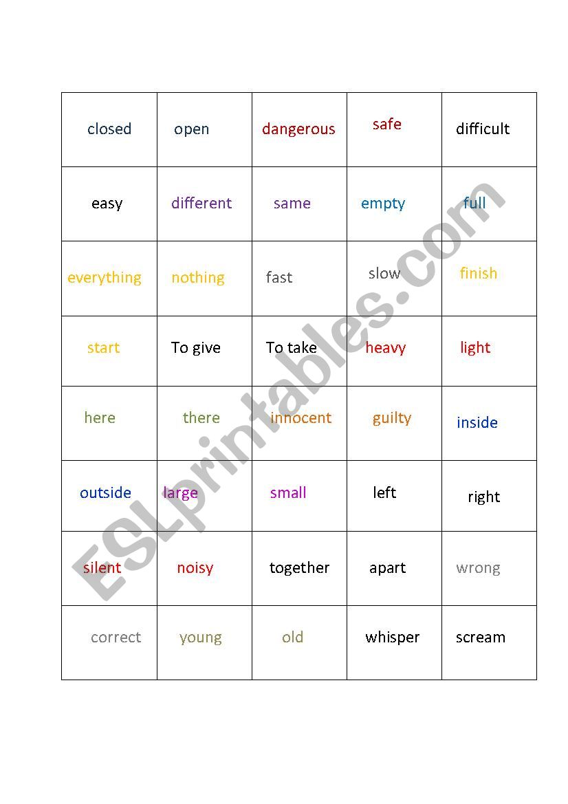 Opposite memory game worksheet