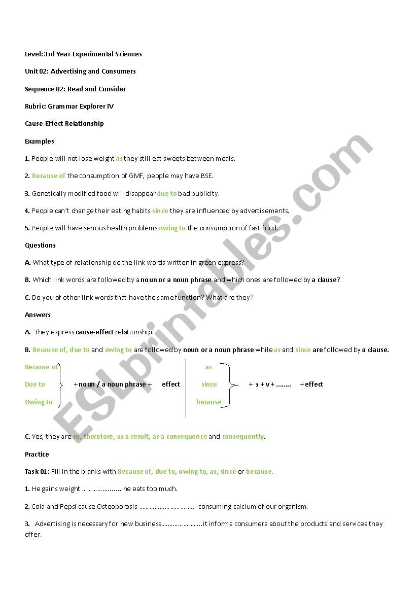Cause-effect relationship worksheet