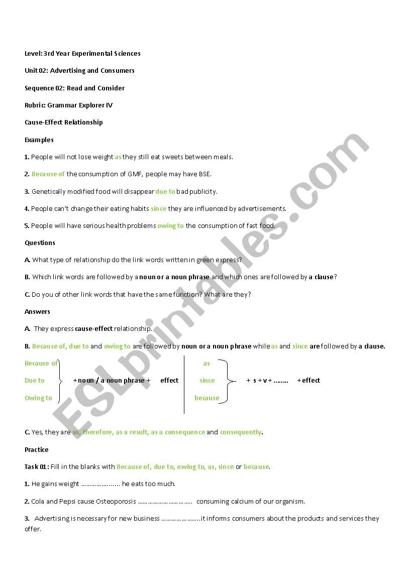 Cause-effect relationship worksheet