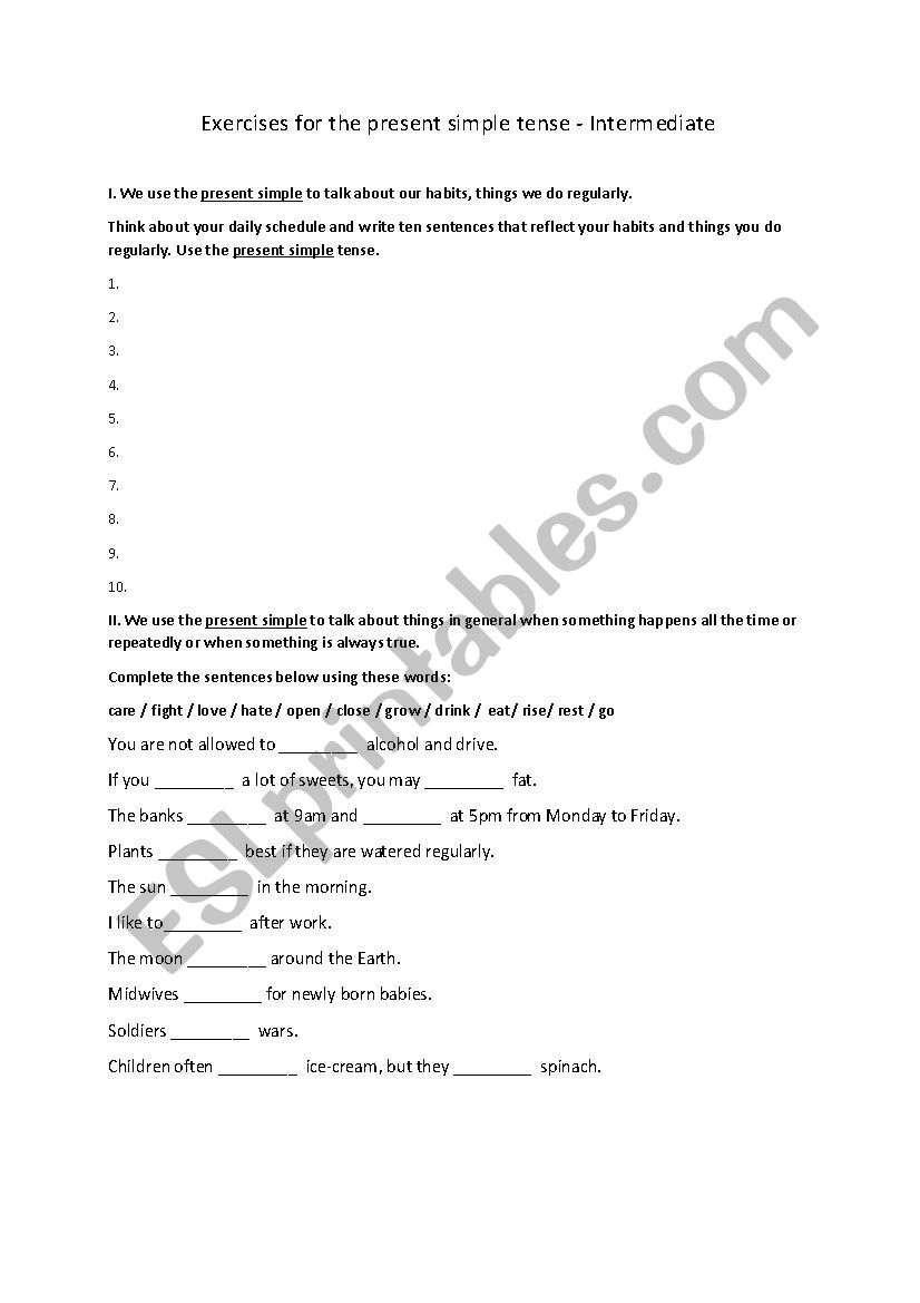 Exercises for the present simple tense