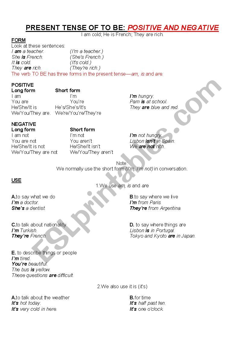 TO BE - PRESENT TENSE (EXPLANATION AND ACTIVITIES)