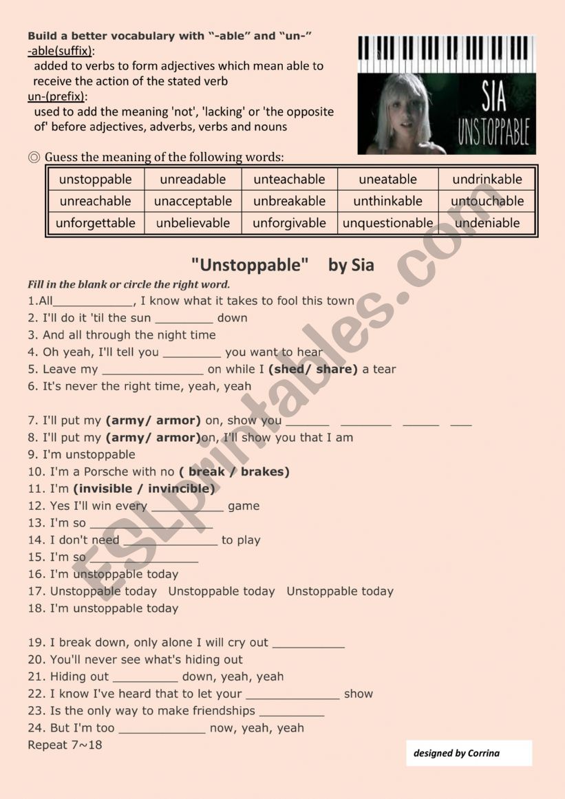 Song Unstoppable by Sia worksheet