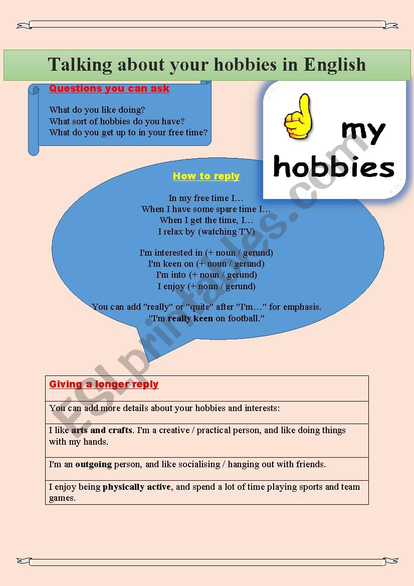 Talking about HOBBIES + vocabulary, writing, test, speaking