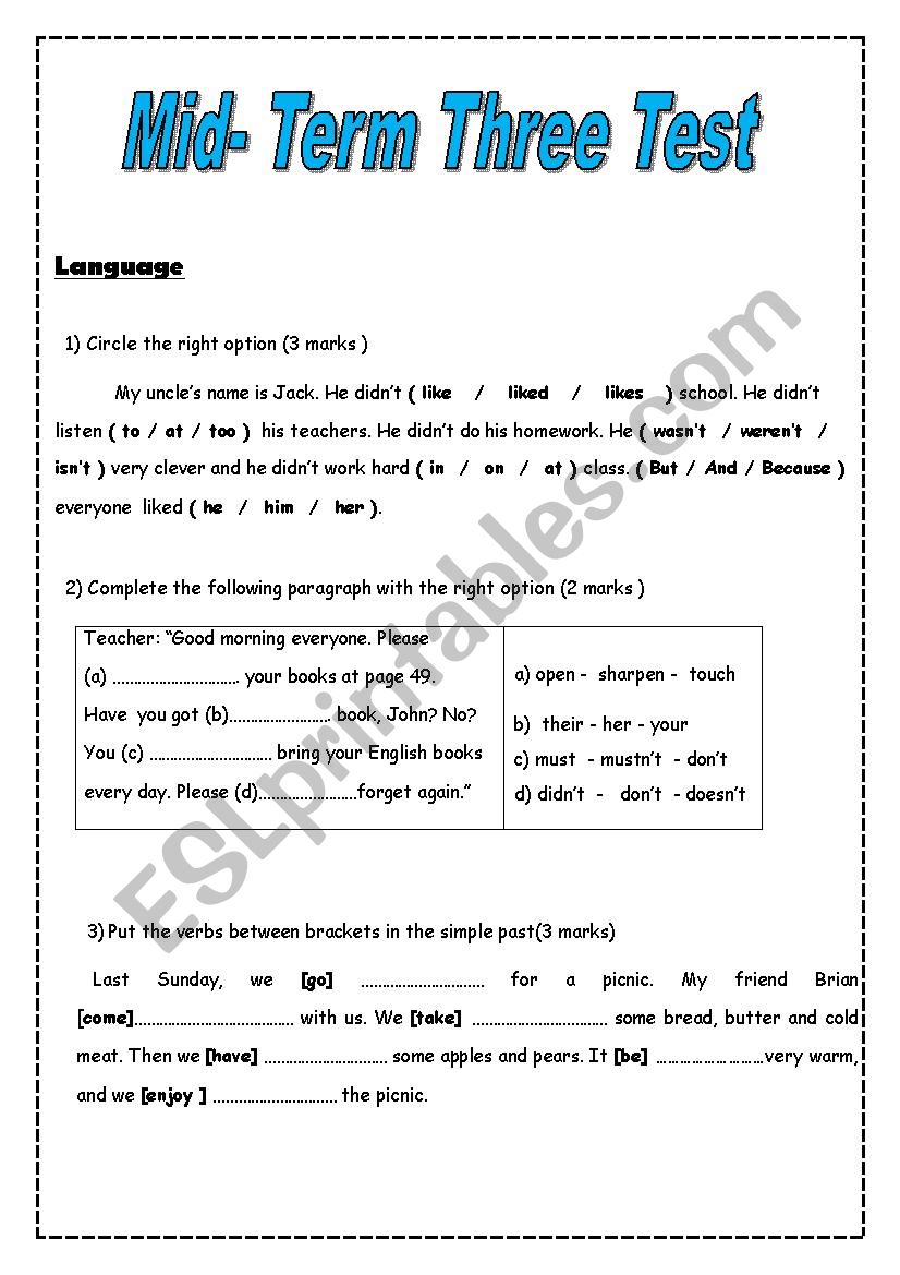 Mid-term three test worksheet