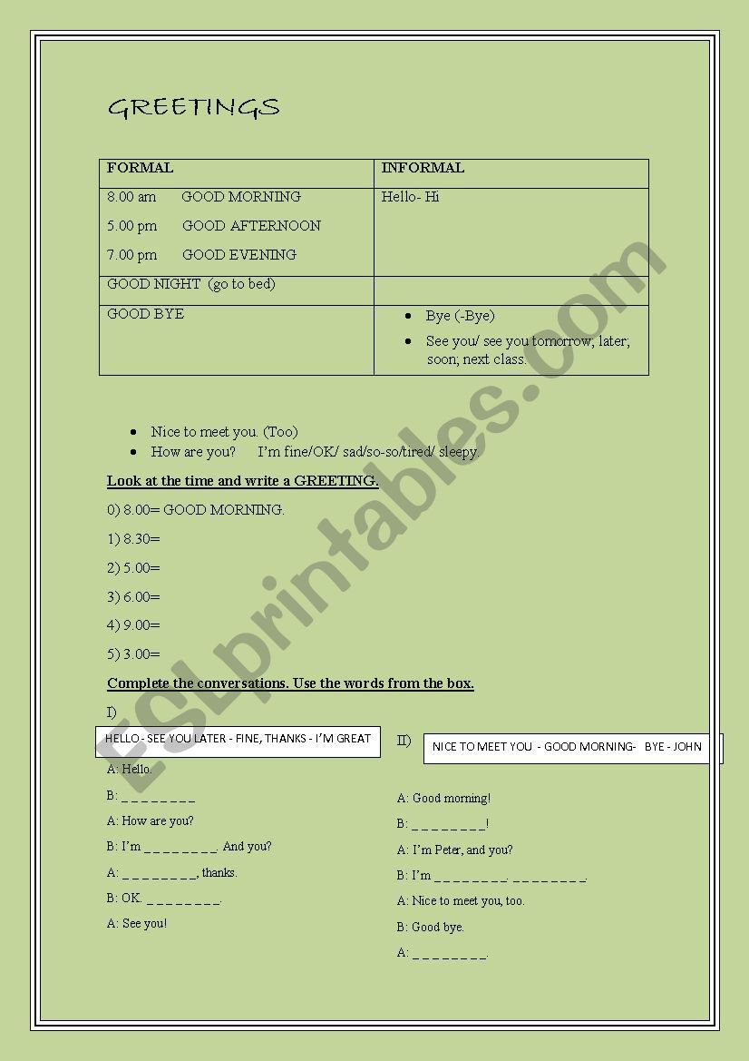 Greetings worksheet