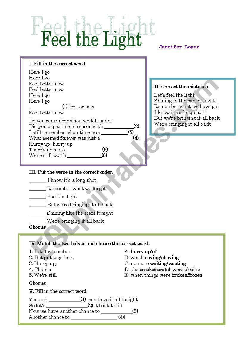 Feel the light worksheet