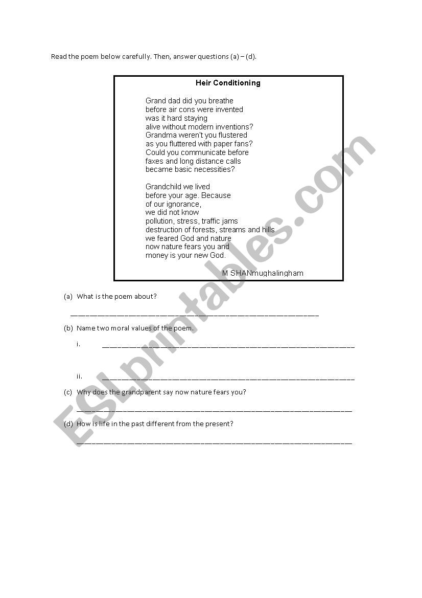 poem - heir conditioning worksheet