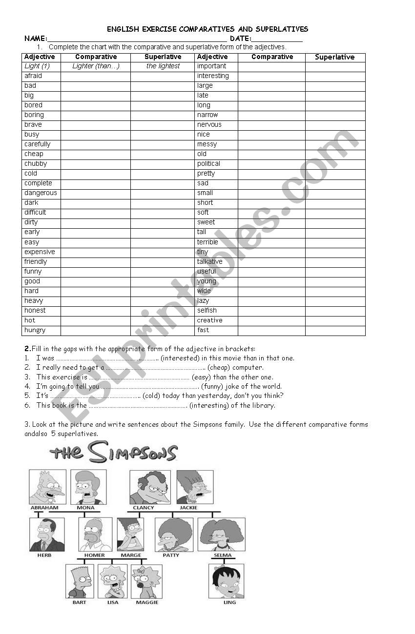 Comparatives and superlatives worksheet