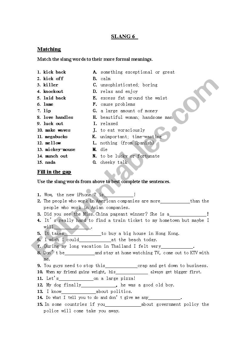 Slang Words (6/10) worksheet