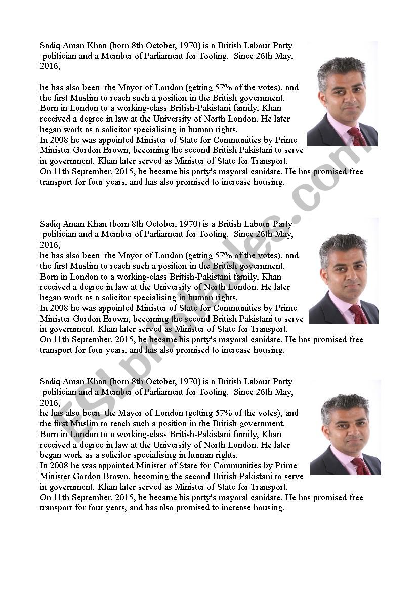new mayor for London, S. Khan worksheet