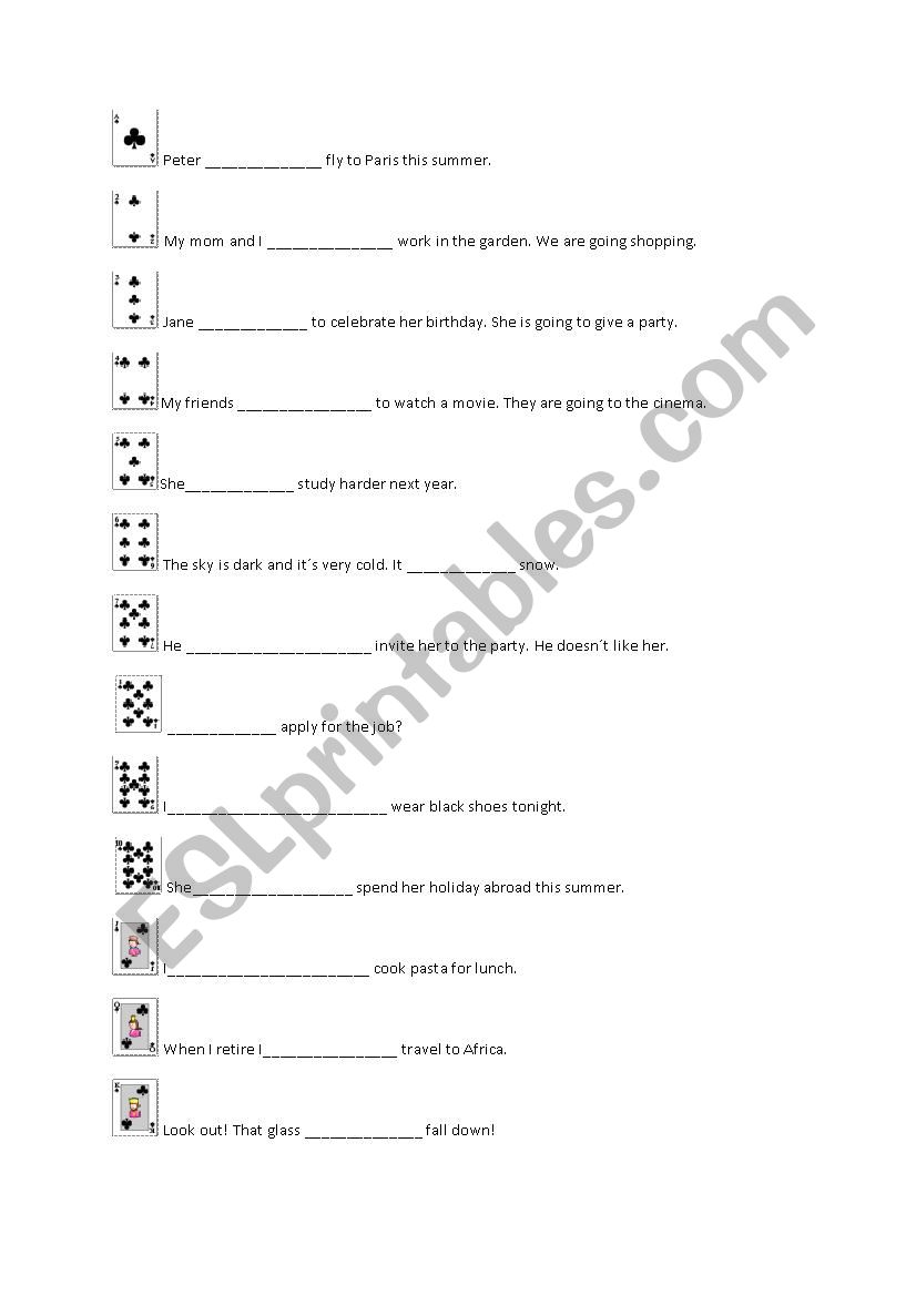 Pack of cards game: will, going to and the infinitive of purpose practice