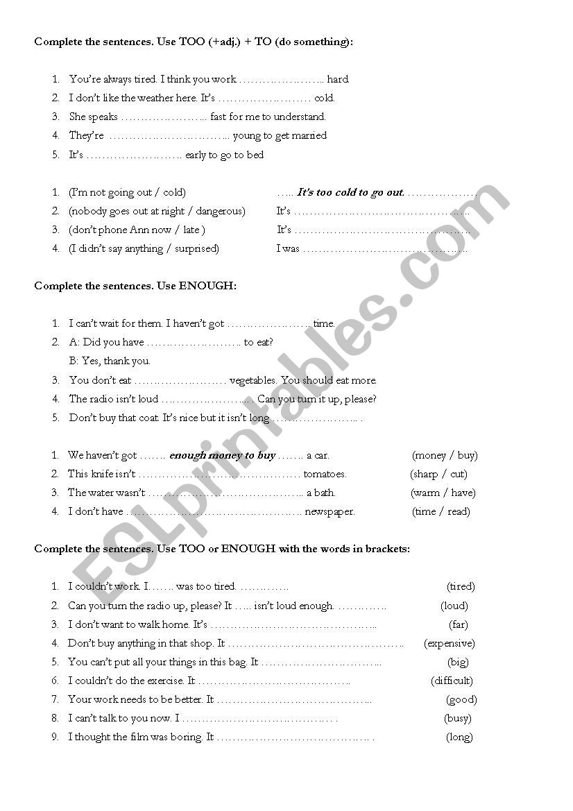 Too - Enough worksheet