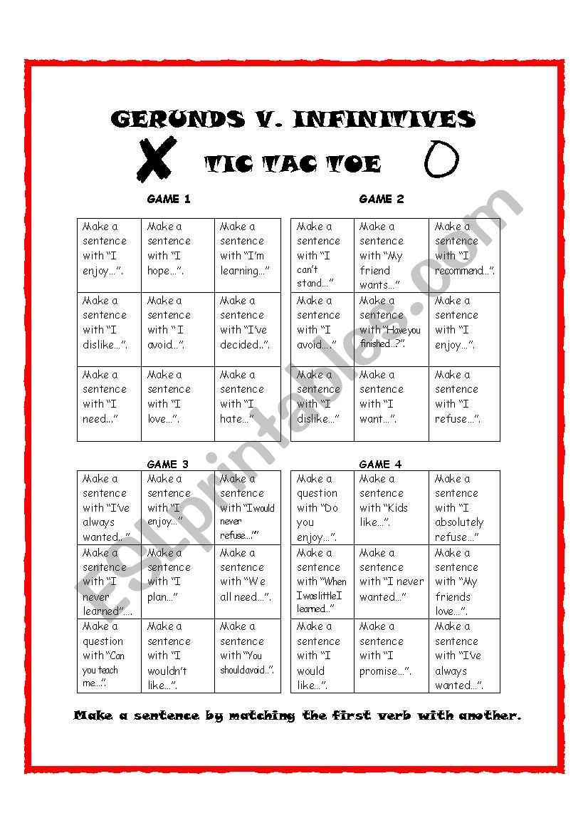 Tic Tac Toe with Gerunds & Infinitives