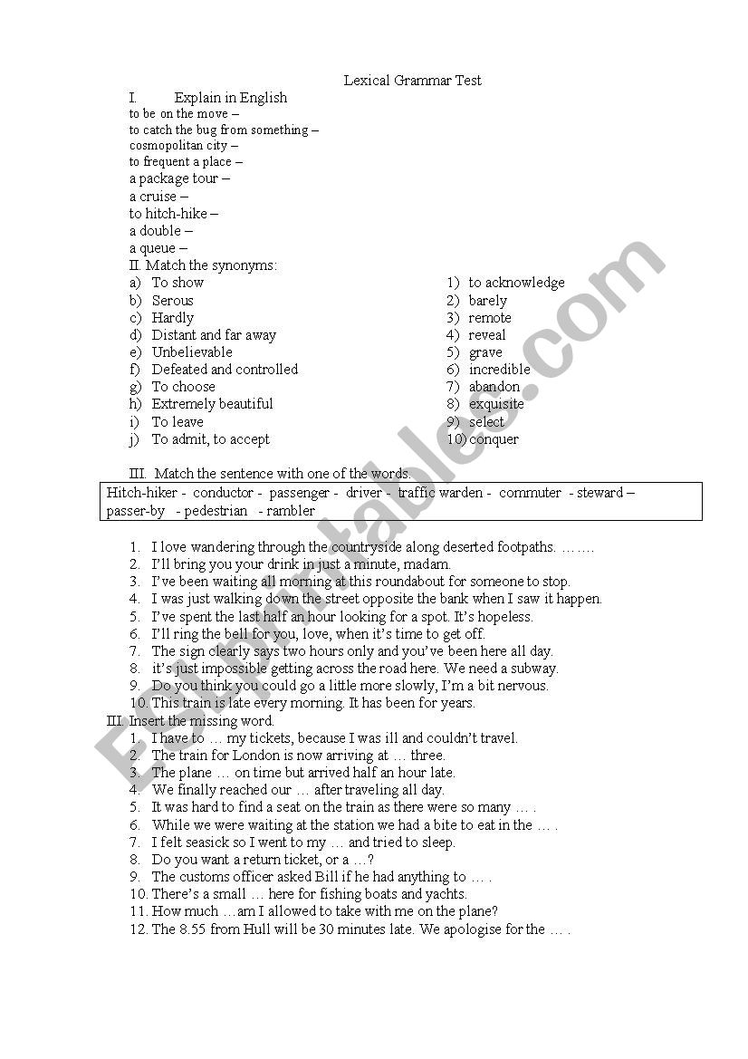 Travel Test worksheet