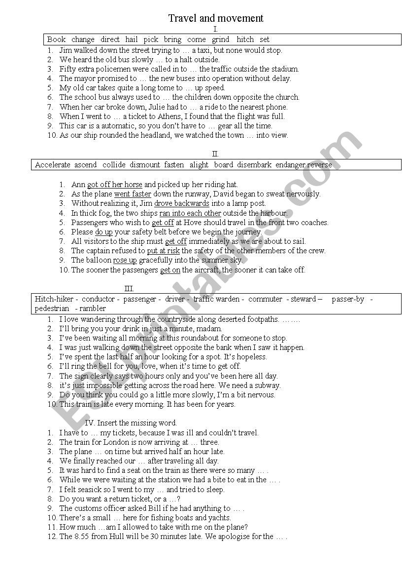 Travel and movement worksheet
