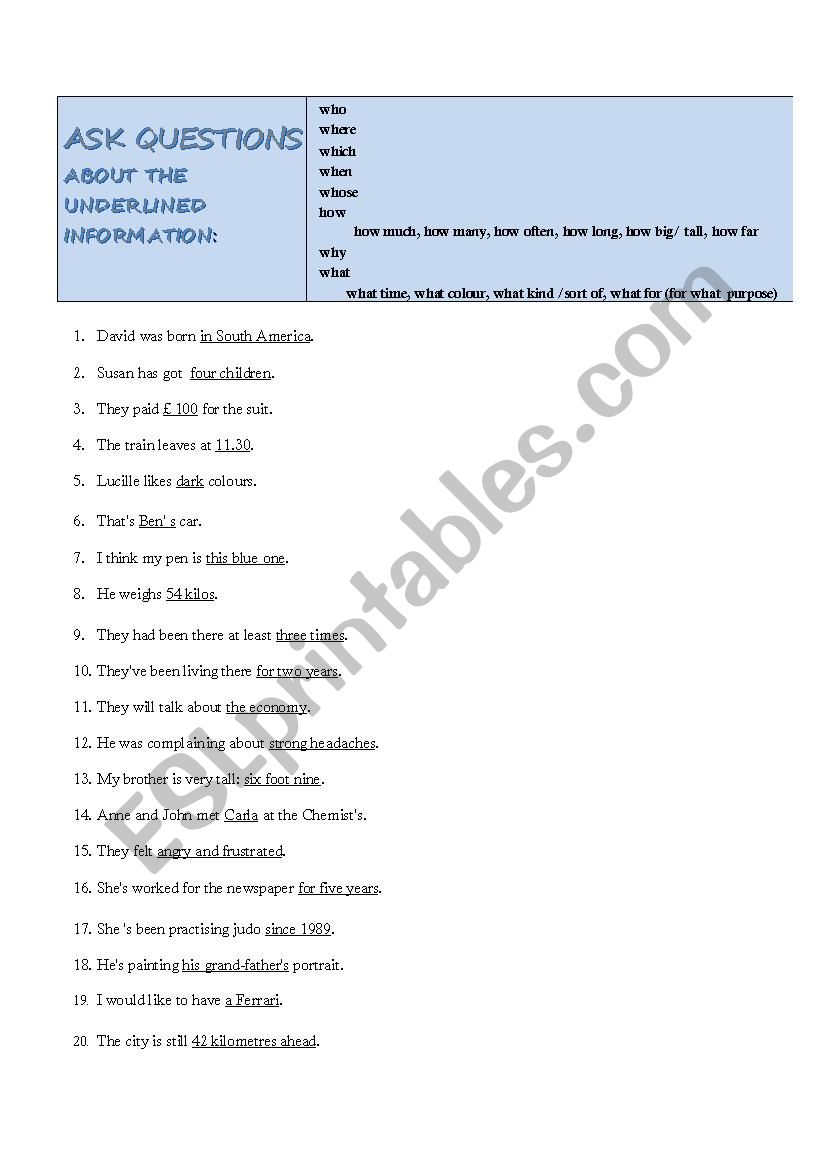 Practising asking questions worksheet