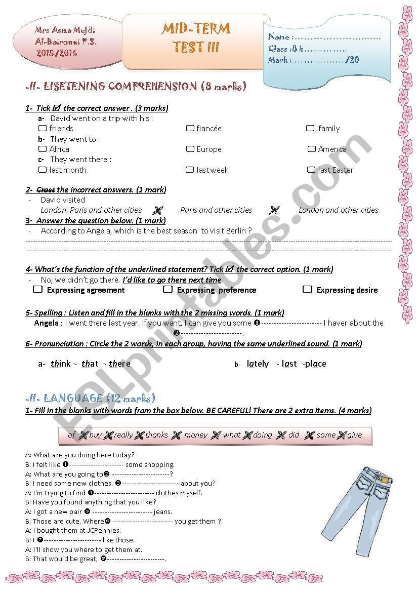 Mid-term Test 3 8th Form worksheet