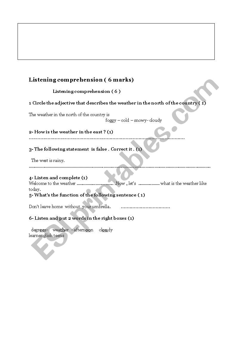 listening comprehension 7th  worksheet