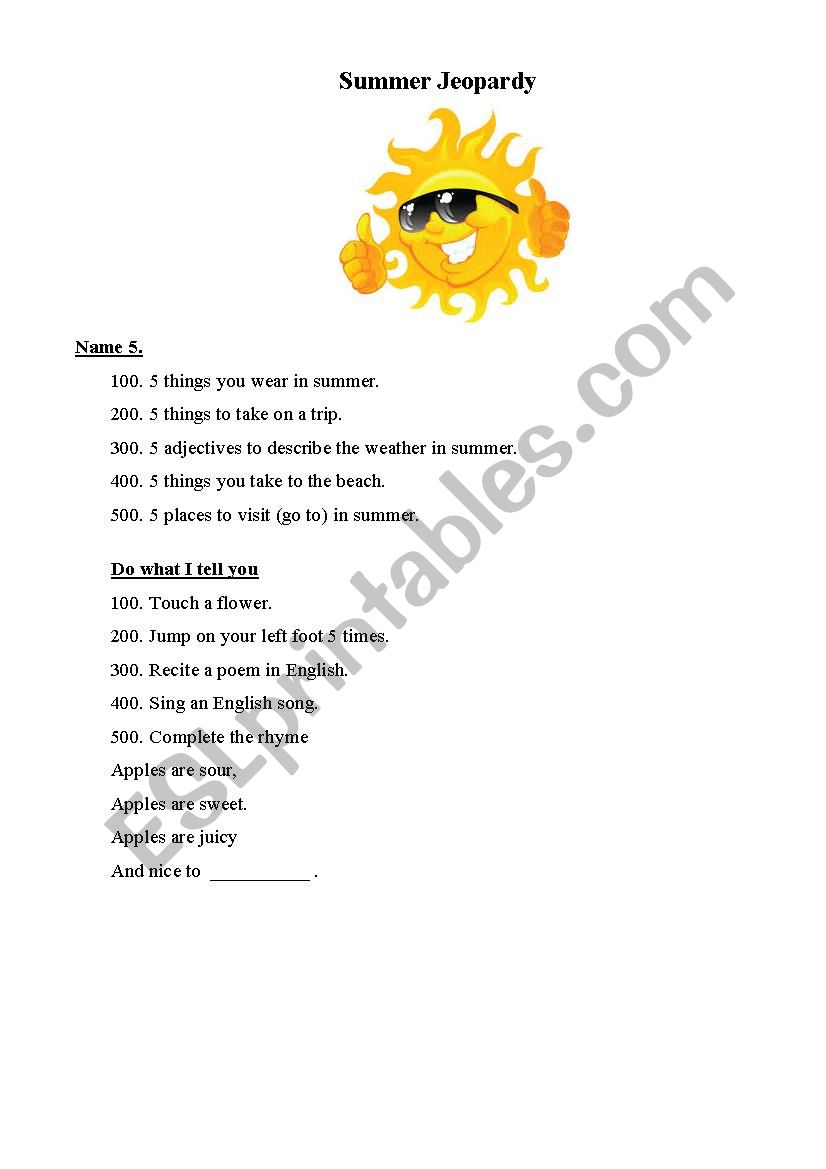 Summer Jeopardy worksheet