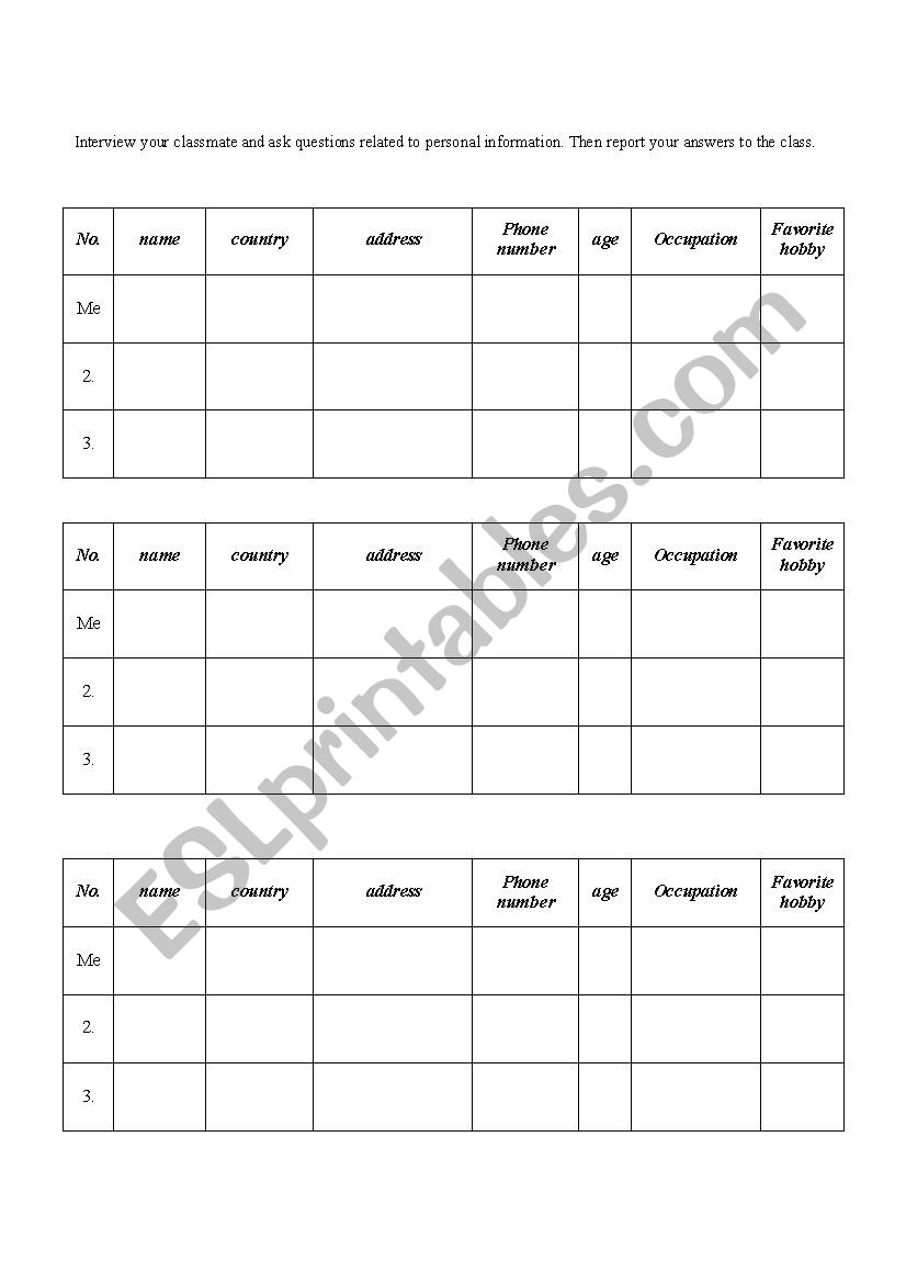 Personal Interview worksheet