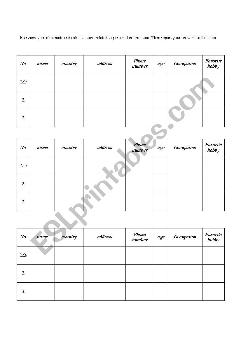 Personal Interview worksheet