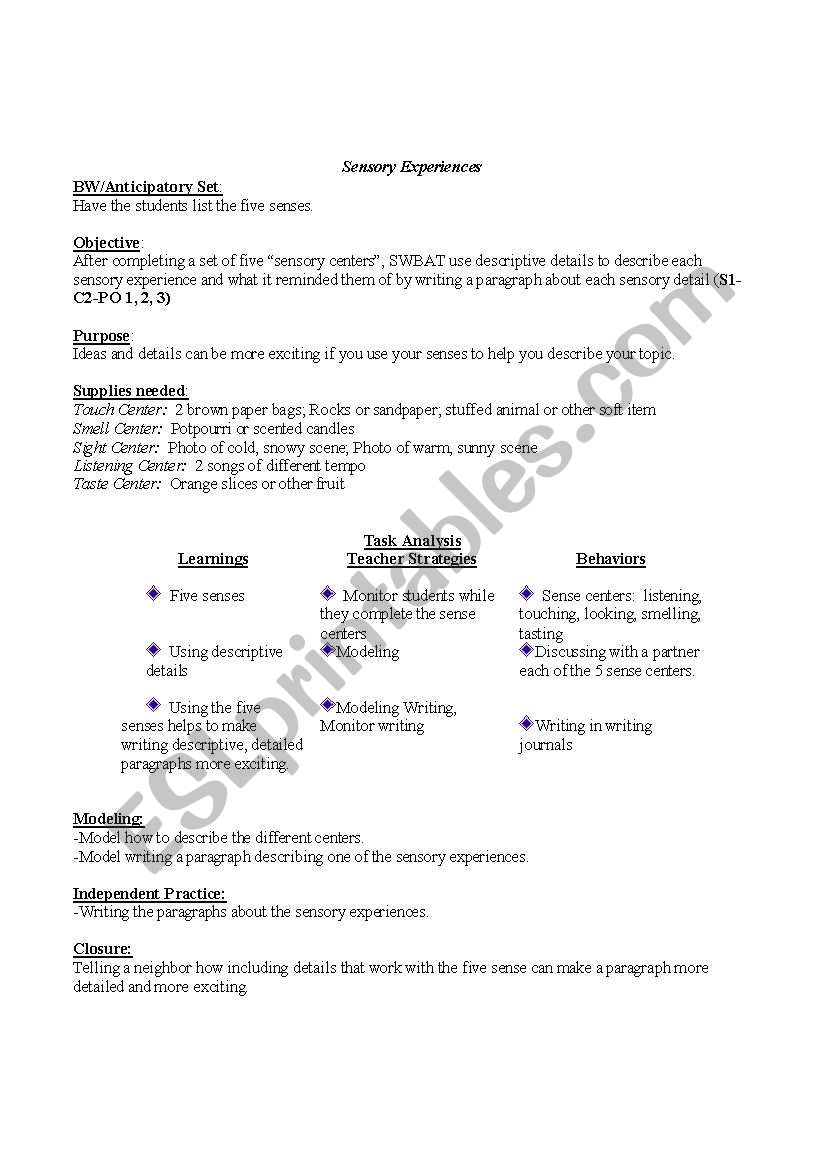 Sensory Experiences-Ideas worksheet