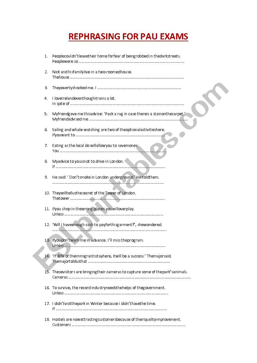 REPRASING FOR PAU EXAMS worksheet