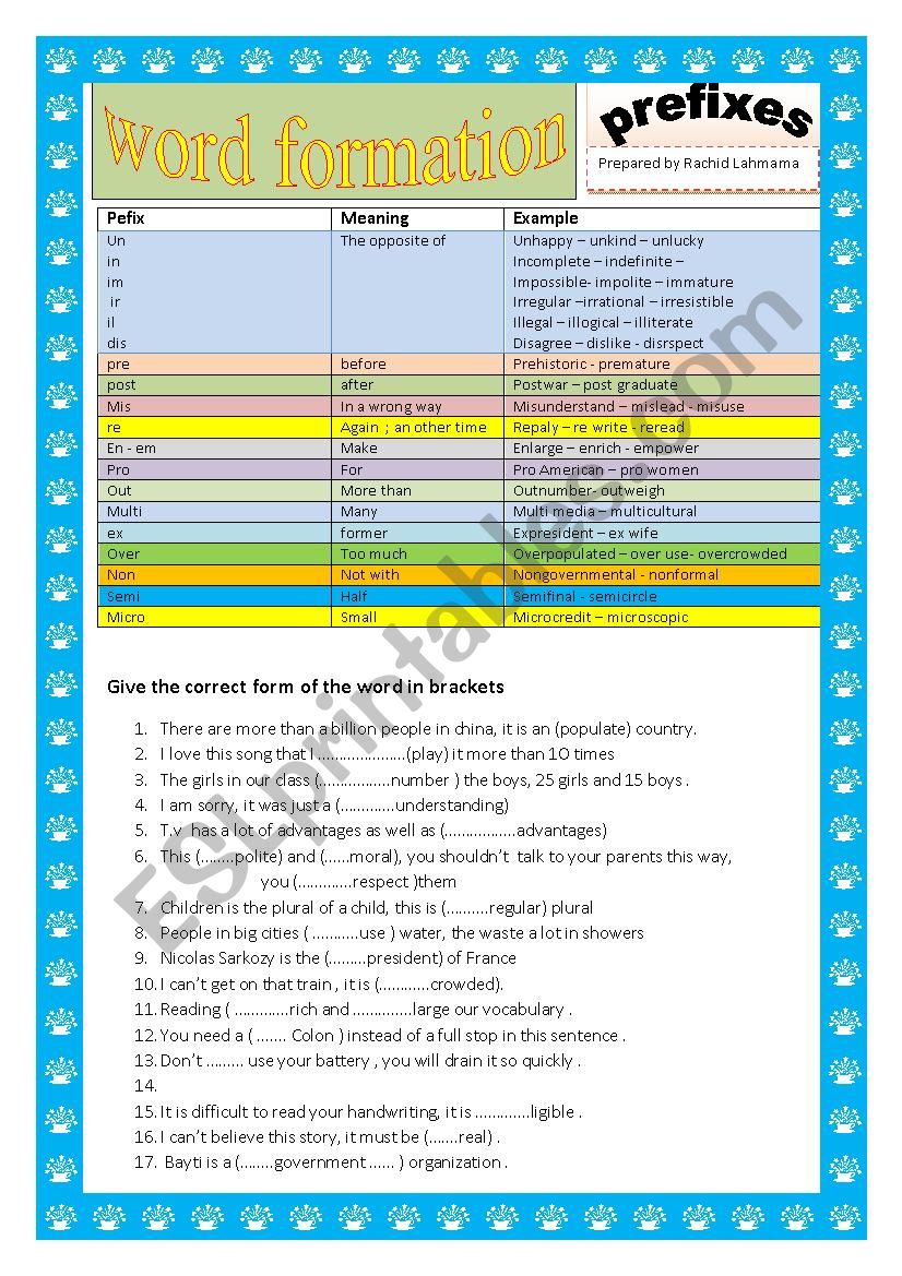 prefixes  worksheet