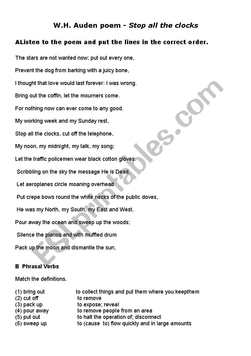 W H Auden poem worksheet