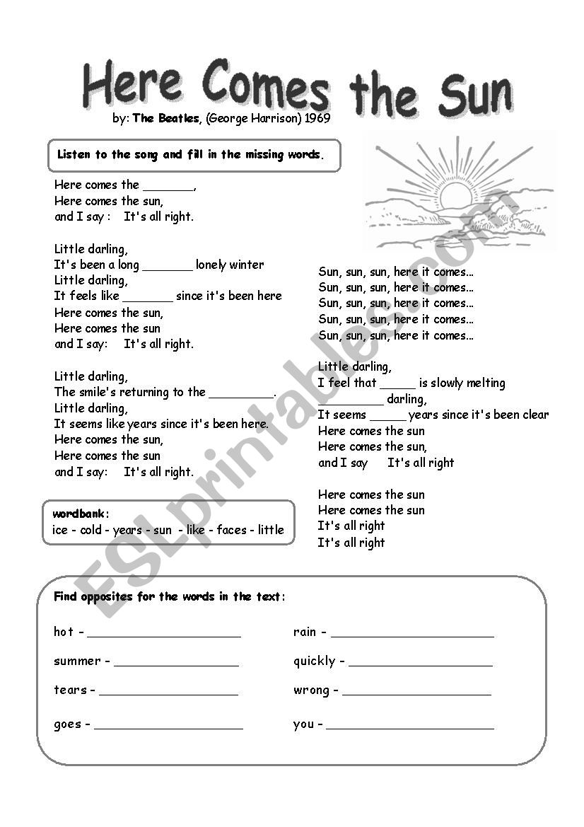 Beatles here comes the sun worksheet