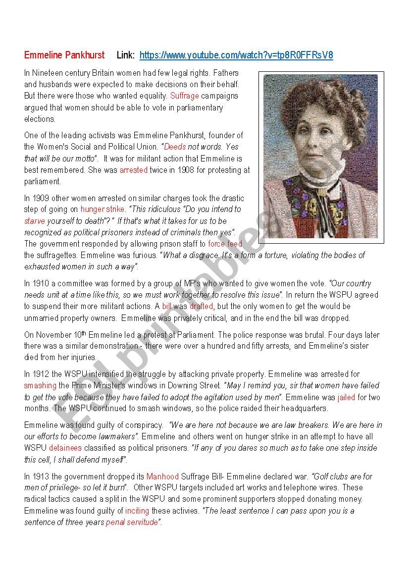 Emmeline Pankhurst Biography worksheet