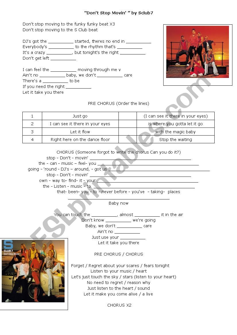 Sclub7 Dont Stop Movin worksheet