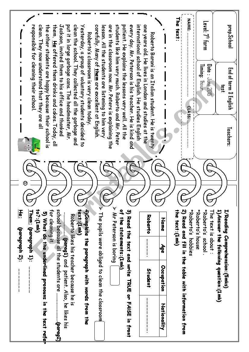 End of term 3 English test worksheet