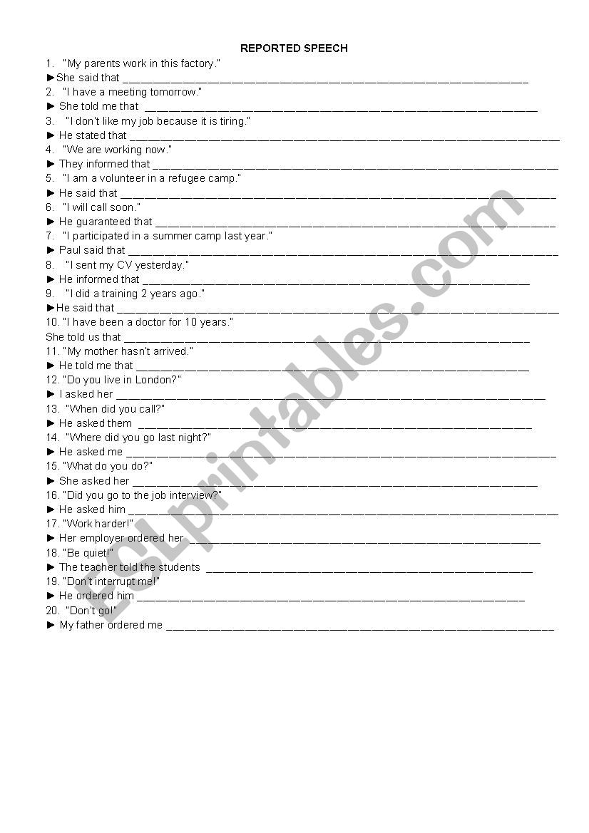 Reported Speech worksheet