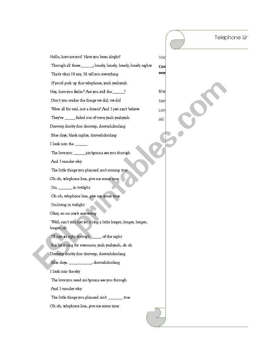 Telephone Line worksheet