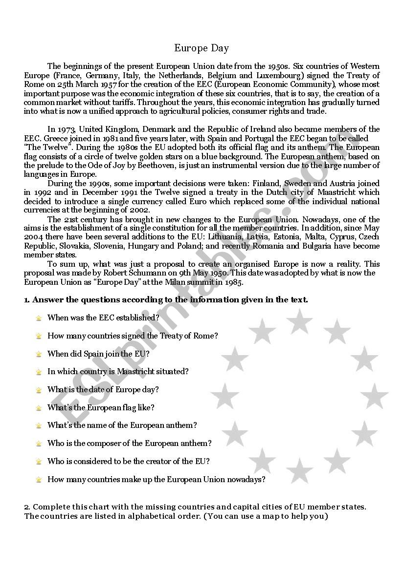 Europe Day worksheet Europe Day worksheet
